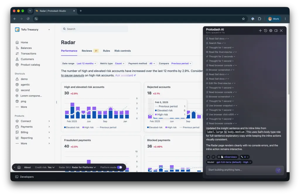 A Radar fraud prototype in Protodash Studio with risk charts, alongside the AI panel listing the steps it took: reading Sail docs, editing a file, taking browser screenshots